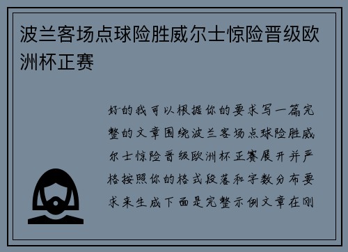 波兰客场点球险胜威尔士惊险晋级欧洲杯正赛 波兰客场点球险胜威尔士惊险晋级欧洲杯正赛