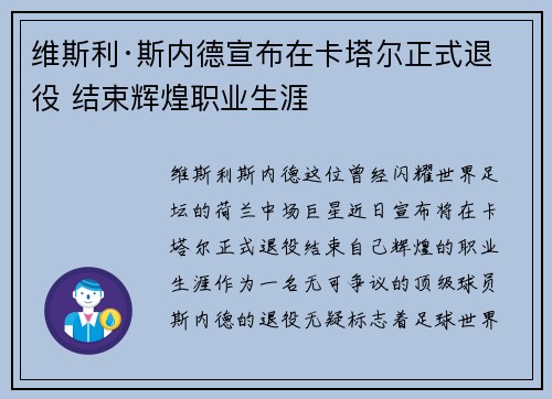 维斯利·斯内德宣布在卡塔尔正式退役 结束辉煌职业生涯 维斯利·斯内德宣布在卡塔尔正式退役 结束辉煌职业生涯