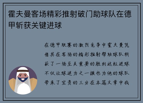 霍夫曼客场精彩推射破门助球队在德甲斩获关键进球